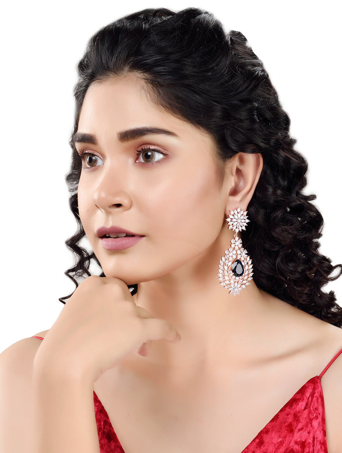 Rose Gold Plated Blue AD studded Drop Earrings, zaveri pearls, sale price rs, sale price, sale gold plated, sale gold, sale, rubans, ring, regular price, priyassi jewellery, kushal's - Saraf